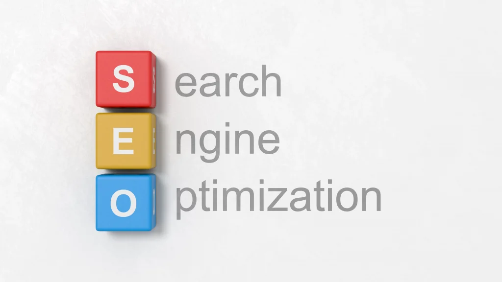 SEO letters on three large vertically placed dice. Search Engine Optimization.