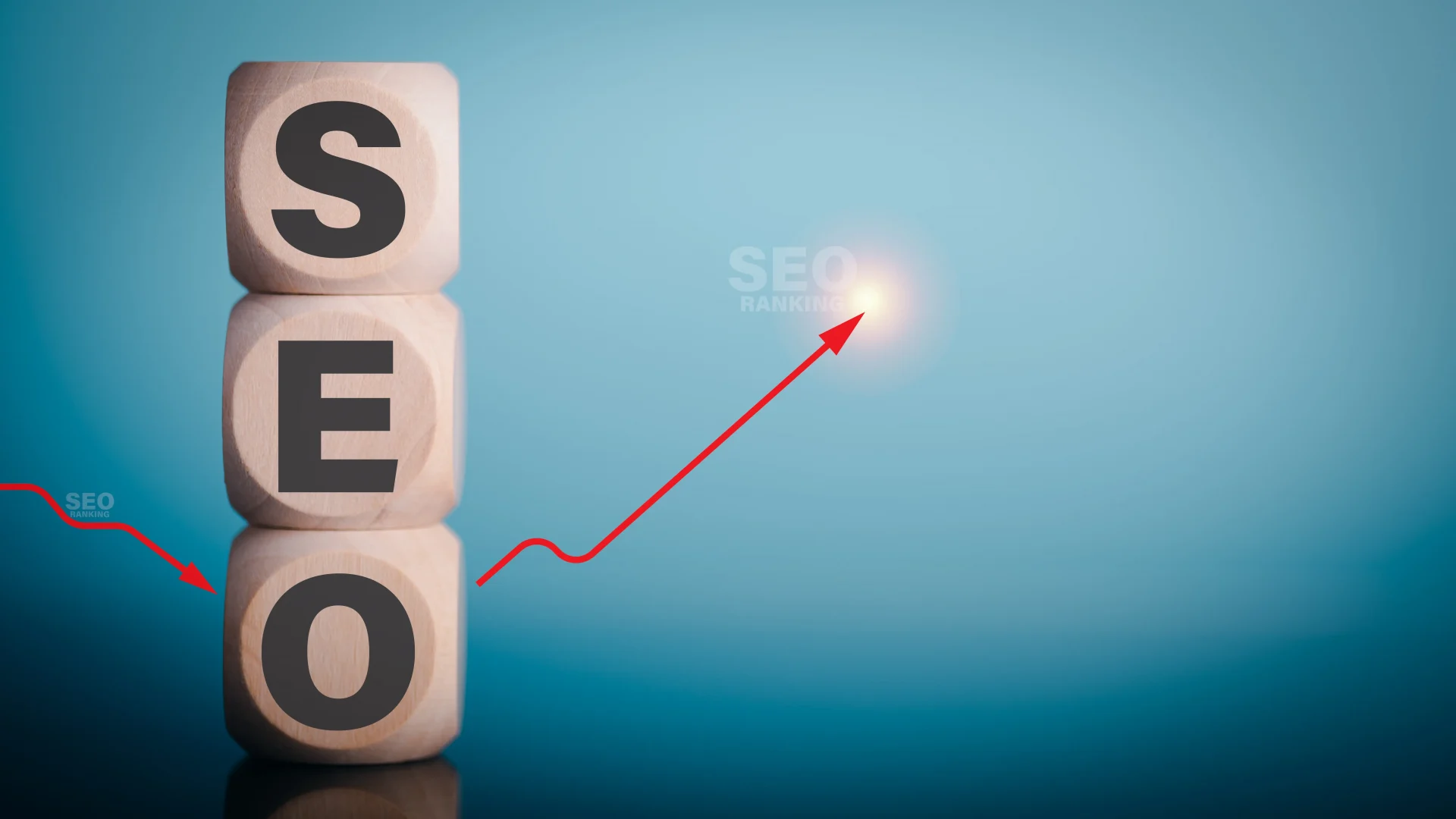 SEO letters on three large vertically placed dice. Red SEO curve from the left points upwards after reaching the dice. SEO provides growth.