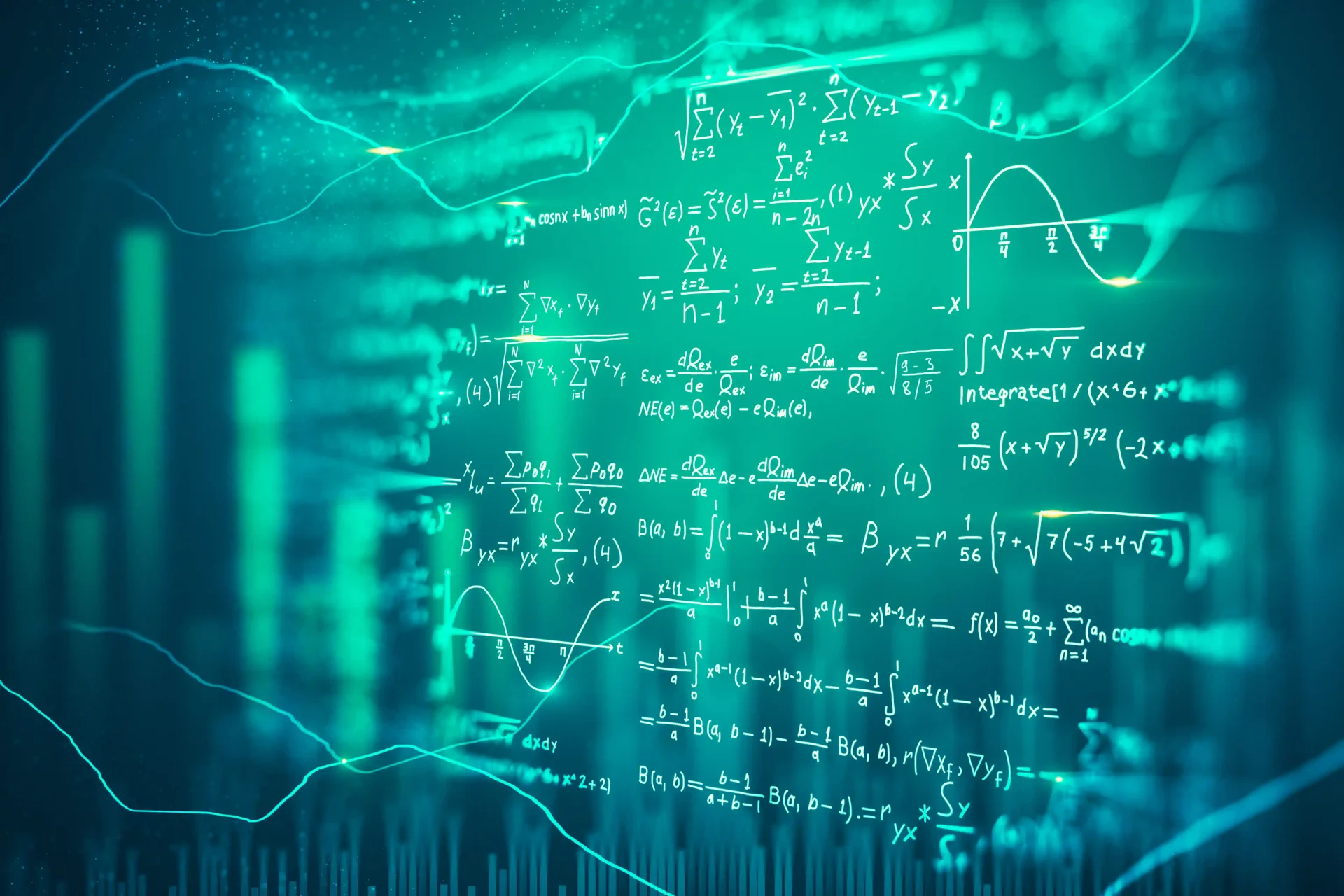 SEO-matematiska algoritmer och ekvationer i vit text mot en grön bakgrund.