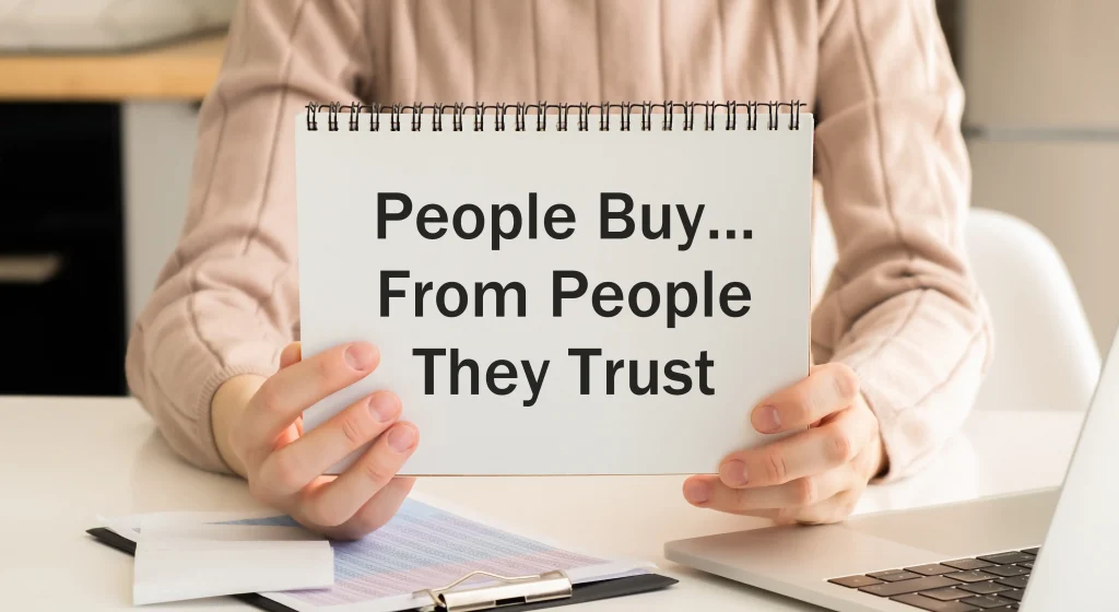 Through inbound marketing, you make yourself credible with customers. In the picture a sign with the words people buy from people they trust.