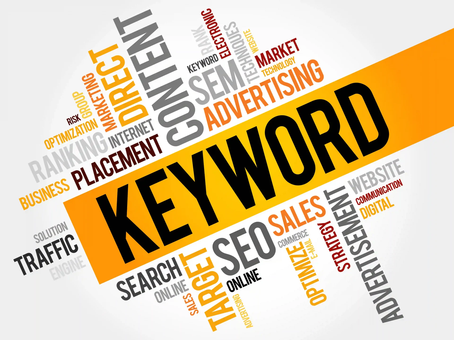 Keywords are an important part of seo work. In the picture, the word keyword is a word among many seo related words.