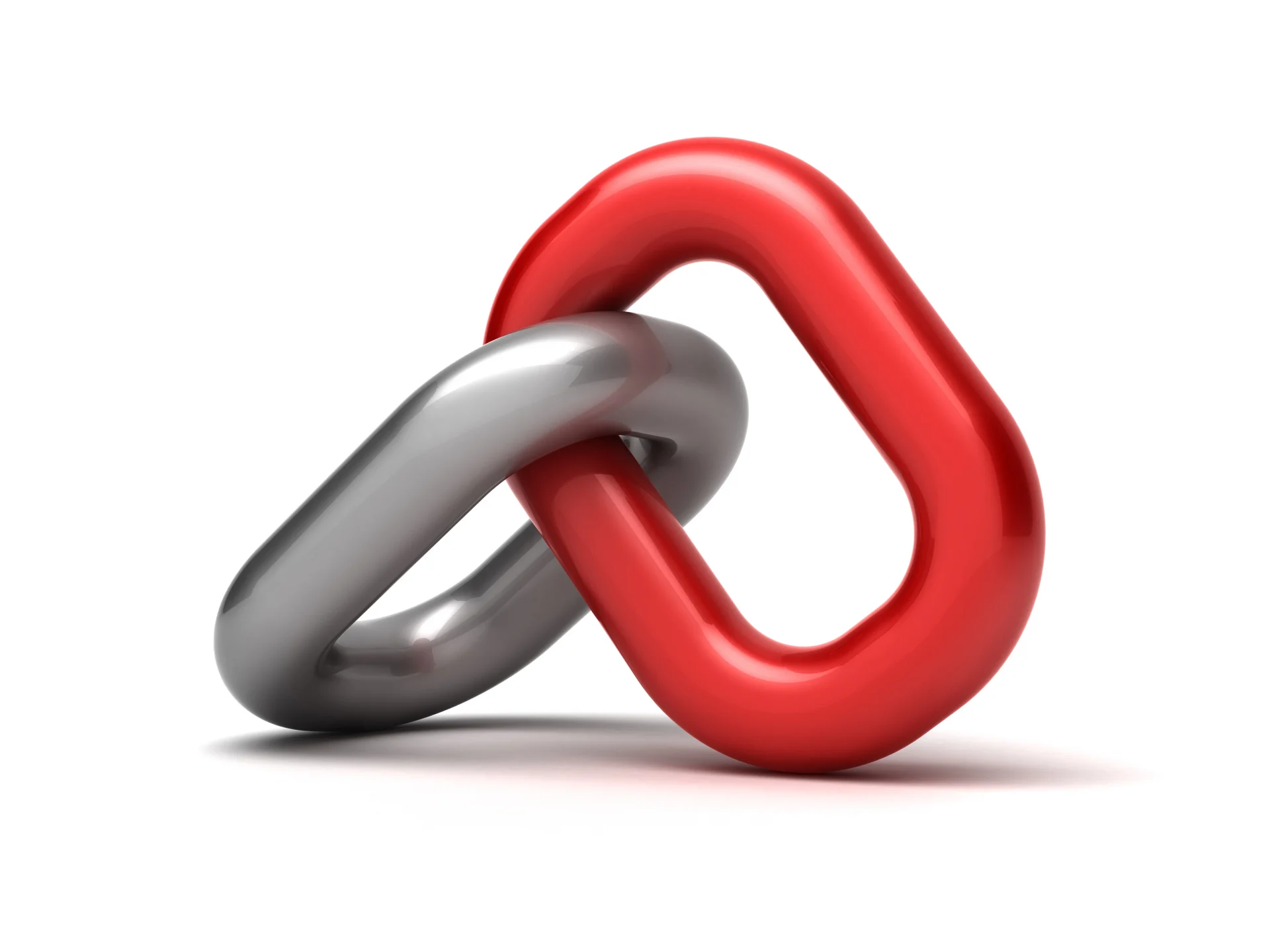 Two links from different chains chained together. One red, the other gray. White background. The purpose is to visualize SEO link building.
