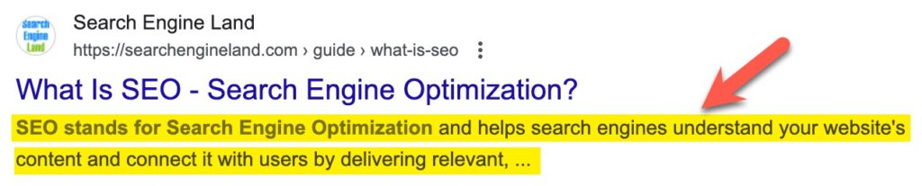 A search engine results page (SERP) snippet, featuring the title 