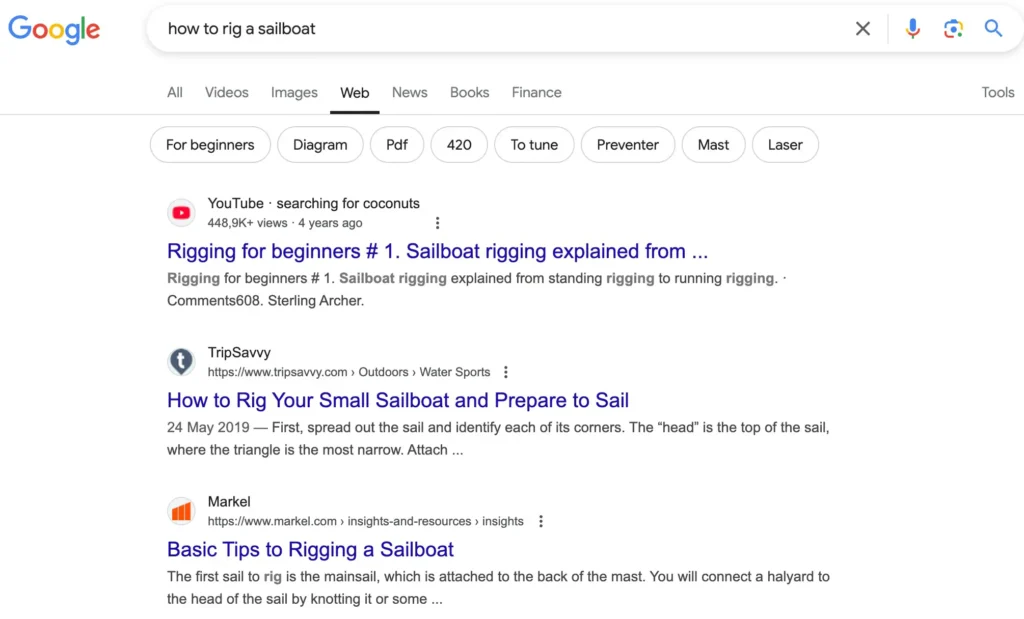 Search results page SERP displaying various articles and videos from a few webpages, on a certain topic.