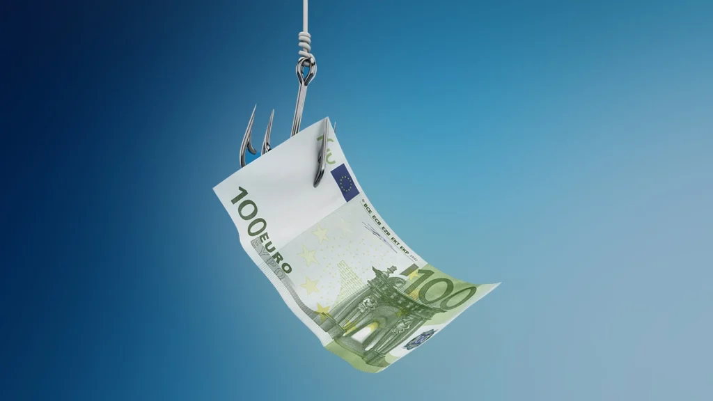 A fishing hook is holding a 100 euro banknote against a gradient blue background, symbolizing that a well written meta description kicks off an interest at a visitor on a website.