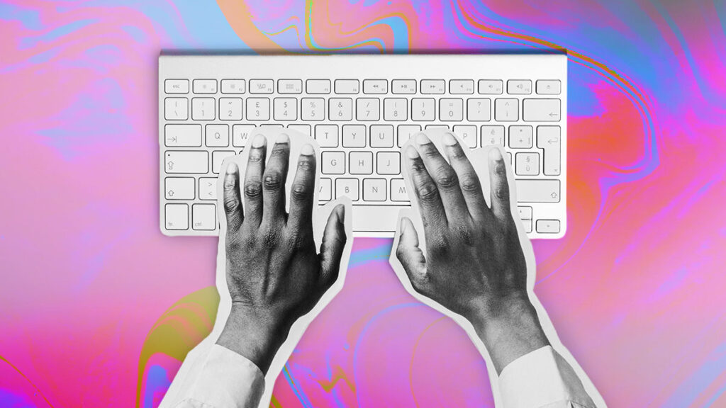 Hands typing on a white keyboard, representing content creation, with a vibrant abstract background of pink, purple, and orange swirls.