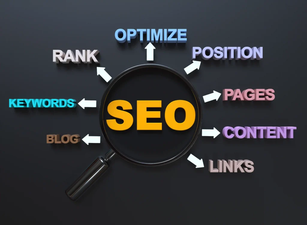 A magnifying glass highlighting the word “SEO” with arrows pointing to related terms like rank, keywords, content, links, and optimize.