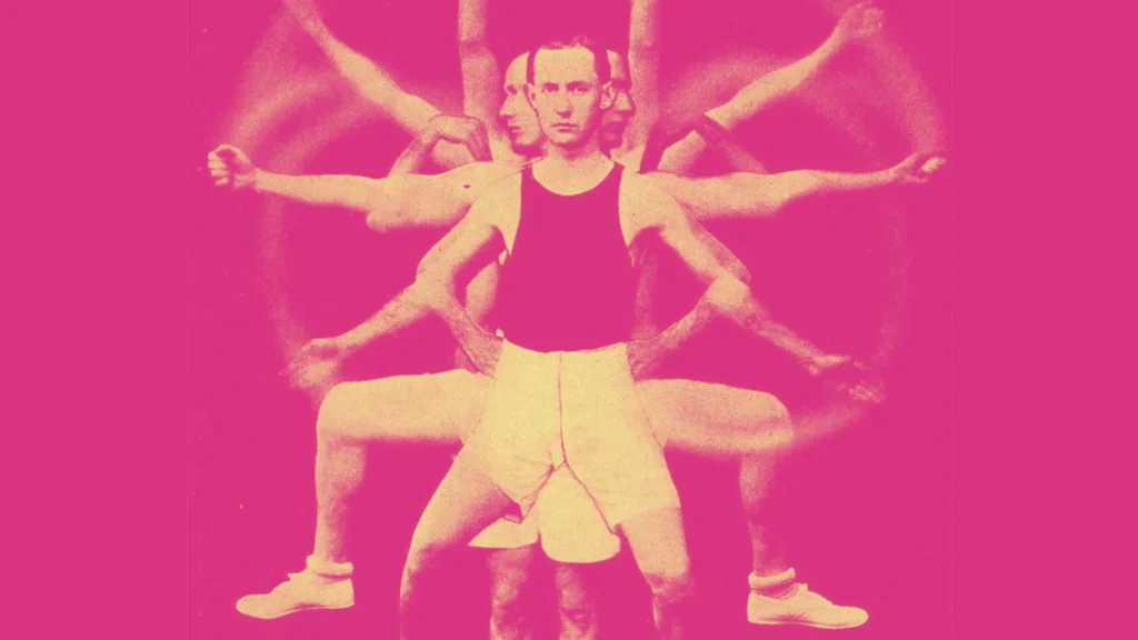 A stylized, motion-blurred figure with multiple overlapping arms and legs conveys high performance, energy and movement in a bold pink graphic.