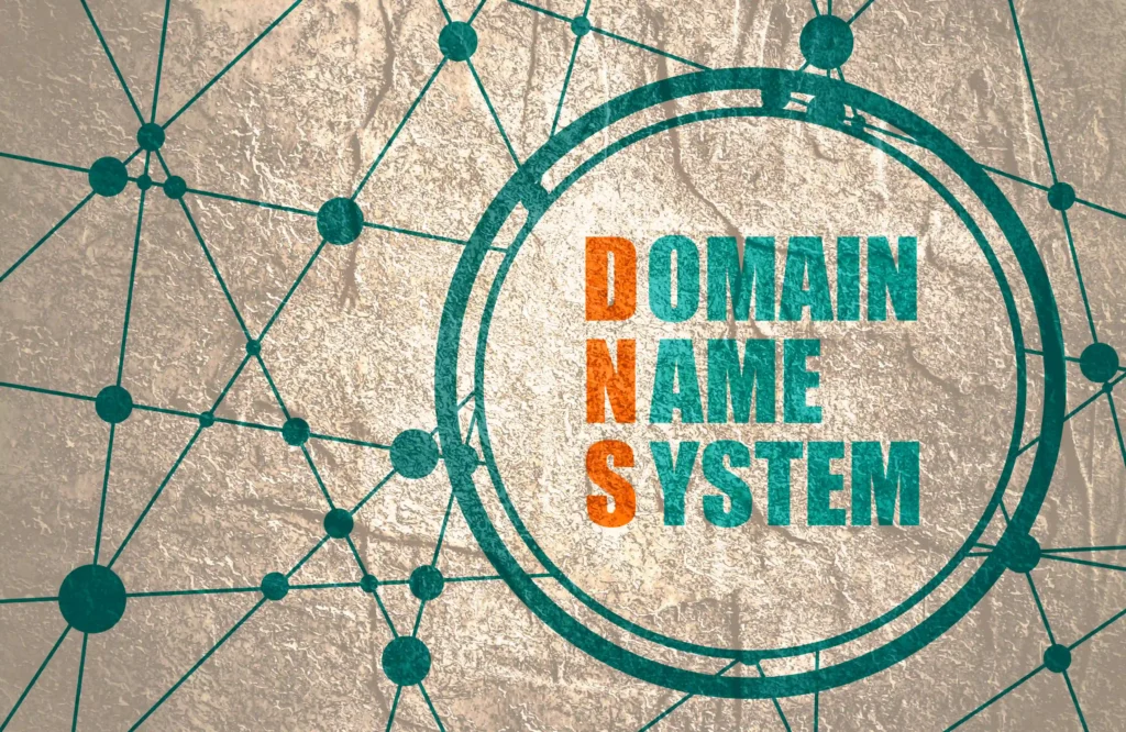 Illustration of interconnected nodes surrounding the text Domain Name System, symbolizing DNS resolution, network relationships, and their impact on SEO.
