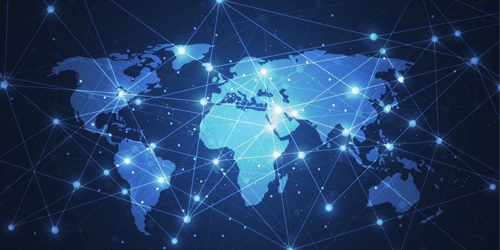Global world map with connected nodes and lines, representing DNS infrastructure, distributed servers, and how global connectivity influences SEO performance.