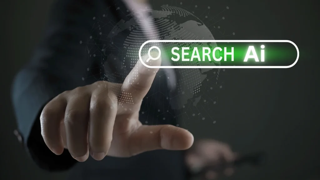 Finger pressing a “Search” button, representing AI-shaped search where quick answers increase, but users still click through for key decisions.