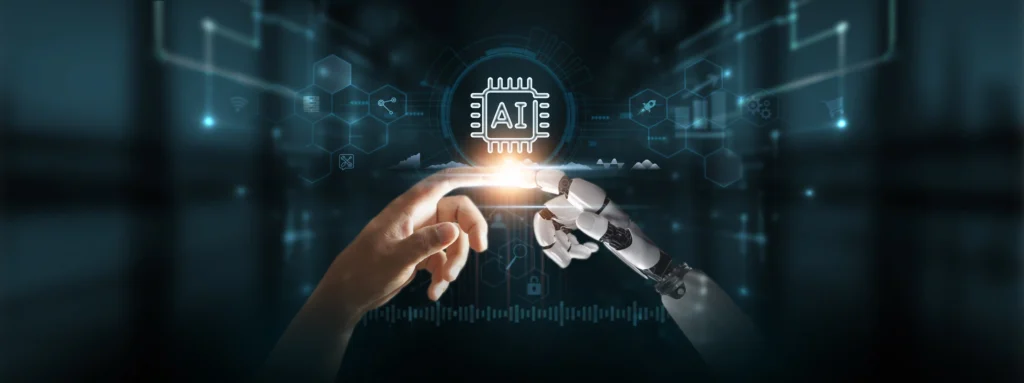 Human and robot fingertips reaching toward an AI icon, symbolising AI as a tool—while real expertise, trust and purpose drive SEO success in 2026.