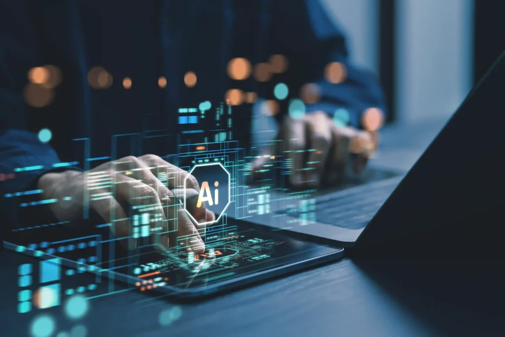 Hands using a laptop with AI interface overlays, symbolising AI-era SEO tools and the risks of chasing shortcuts instead of lasting trust.