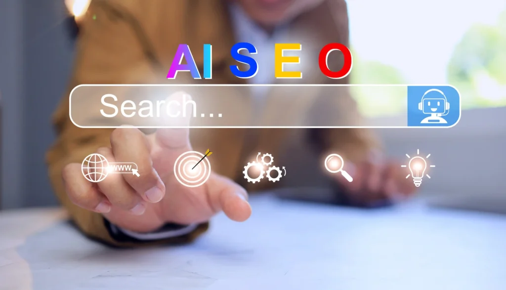 Person tapping an AI SEO search interface, symbolising a structured approach to optimisation instead of chasing AI hacks in 2026.